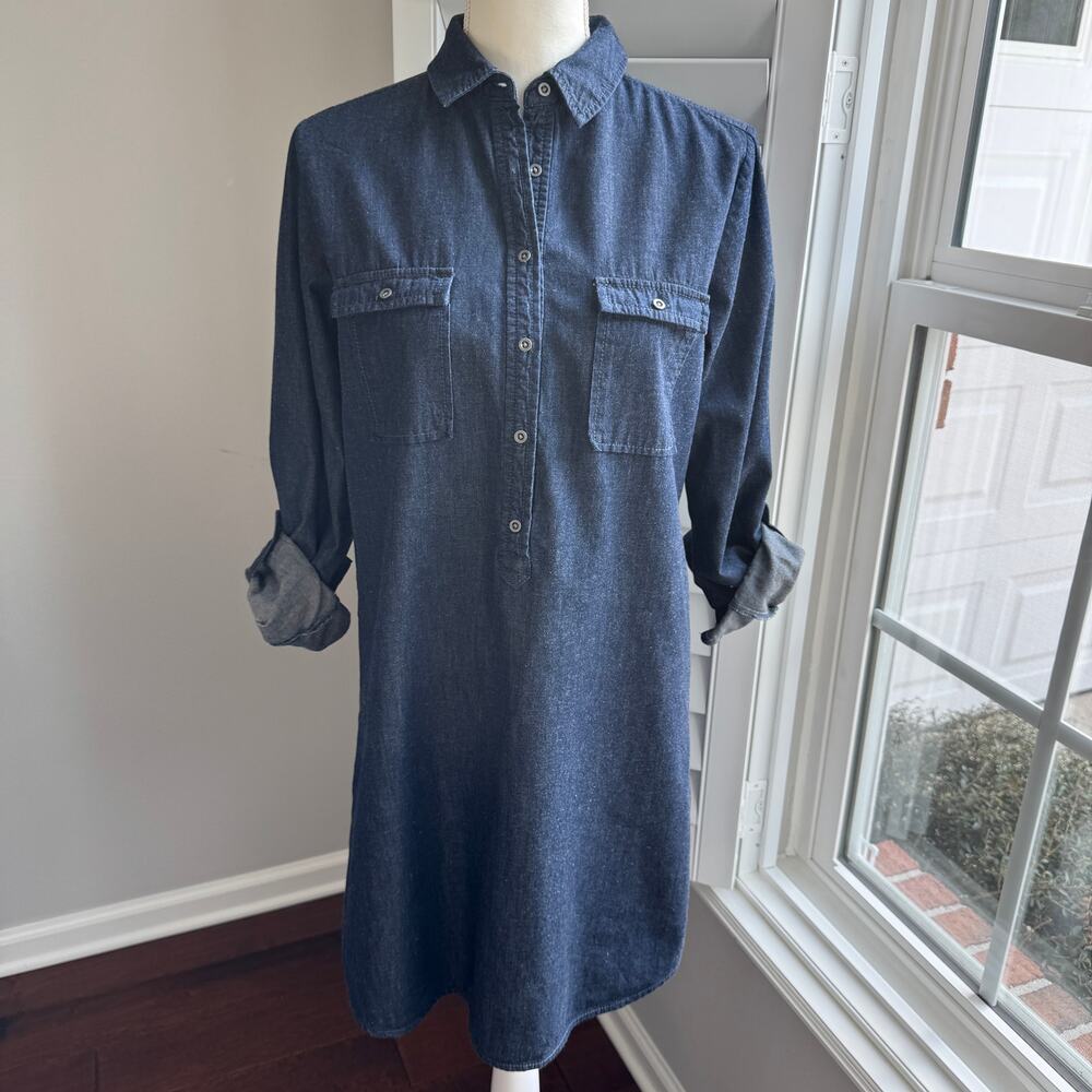 LOFT Denim Shirt Dress Blue Chambray Long Sleeve Roll Tab Sleeves Womens Small
